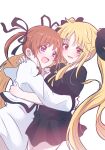  2girls black_bow black_dress black_ribbon blonde_hair blush bow brown_hair dress fate_testarossa giorgio_(yo_sumire_sola1) hair_bow hair_ribbon highres hug jacket long_hair long_sleeves looking_at_another lyrical_nanoha mahou_shoujo_lyrical_nanoha multiple_girls open_mouth pink_eyes red_eyes ribbon short_dress short_sleeves sidelocks simple_background smile takamachi_nanoha twintails very_long_hair white_background white_dress white_jacket 