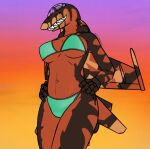  aircraft anthro bikini bikini_bottom bikini_top biped breasts clothing countershade_torso countershading fangs female gradient_background hands_on_hips hi_res living_aircraft living_machine living_vehicle machine non-mammal_breasts russy_(artist) simple_background solo sunset swimwear teeth vehicle wings 