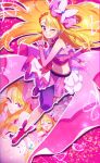  1girl :d asymmetrical_clothes blonde_hair braid cure_butterfly earrings french_braid frills grin highres hijiri_ageha hirogaru_sky!_precure jewelry kodamari long_hair magical_girl midriff one_eye_closed precure purple_eyes single_pantsleg skirt smile solo strapless thigh_strap tube_top very_long_hair 