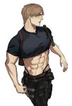  1boy abs absurdres belt black_pants brown_belt brown_hair crop_top highres holster holstered knife_holster large_pectorals leon_s._kennedy looking_to_the_side male_focus male_underwear muscular muscular_male navel njkonyj763 pants parted_lips pectorals resident_evil resident_evil_4 resident_evil_4_(remake) short_hair shoulder_holster simple_background solo thigh_holster thong underwear white_background 
