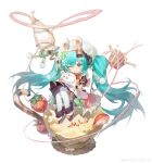  1girl absurdres apron aqua_eyes aqua_hair black_bow black_dress black_footwear blush bow bowtie box cake candy candy_cane chinese_commentary clover_hair_ornament commentary_request costume_request dress food fruit full_body gift gift_box green_bow hair_bow hair_ornament hat hatsune_miku highres holding holding_stuffed_toy long_hair looking_at_viewer momodacat one_eye_closed open_mouth pantyhose pastry_bag red_bow red_bowtie shoes simple_background solo strawberry stuffed_toy twintails very_long_hair vocaloid weibo_logo weibo_username white_apron white_background white_headwear white_pantyhose 