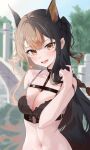  1girl animal_ear_fluff animal_ears bare_arms bare_shoulders black_bra blue_sky blurry blurry_background bow bow_bra bra braid breasts brown_eyes brown_hair cleavage day depth_of_field fang hair_between_eyes hand_up heavy_breathing highres long_hair looking_at_viewer medium_breasts mikanagi_yuri navel o-ring o-ring_top open_mouth original outdoors pillar saliva sky sweat two_side_up underwear upper_body very_long_hair 