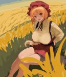  1girl absurdres aki_minoriko blonde_hair breasts collared_shirt commentary hat highres large_breasts long_sleeves looking_at_viewer mob_cap moriforest1040 outdoors red_eyes red_headwear shirt short_hair solo touhou wheat_field yellow_shirt 