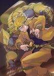  2boys absurdres black_nails cof_(ko_fu) crotchless crotchless_pants dio_brando headband highres jacket jojo_no_kimyou_na_bouken knee_pads leotard male_focus multiple_boys pants scuba_tank stand_(jojo) stardust_crusaders the_world yellow_jacket 