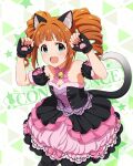  1girl animal_ears aqua_eyes blunt_bangs cat_ears cat_tail dress drill_hair gloves idolmaster idolmaster_(classic) idolmaster_million_live! idolmaster_million_live!_theater_days official_art open_mouth orange_hair partially_fingerless_gloves paw_pose pink_dress smile solo tail takatsuki_yayoi twintails 