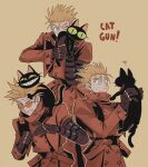  1boy absurdres aiming animal black_gloves blonde_hair blue_eyes cat coat cowboy_shot earrings english_commentary florbetriz frown glasses gloves highres holding holding_animal jewelry kuroneko_(trigun) long_sleeves male_focus mole mole_under_eye orange-tinted_eyewear red_coat round_eyewear scratches short_hair simple_background single_earring spiked_hair standing sweatdrop tinted_eyewear trigun v-shaped_eyebrows vash_the_stampede yellow_background 