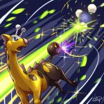  blue_eyes energy_beam girafarig inosuke_(monstruo) jumpluff looking_at_another looking_back midair no_humans open_mouth pokemon pokemon_(creature) red_eyes signature solar_beam_(pokemon) 