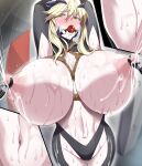  1girl arms_up artoria_pendragon_(fate) artoria_pendragon_(lancer_alter)_(fate) ball_gag black_bodysuit black_horns blonde_hair blush bodysuit breasts crying crying_with_eyes_open fate/grand_order fate_(series) gag highres horns huge_breasts kloah lactation navel nipple_clamps nipples pussy_juice ribbed_bodysuit saliva shibari solo sweat tears turtleneck_bodysuit yellow_eyes 