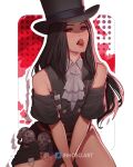  1other absurdres androgynous ascot bare_shoulders black_hair black_headwear collar guilty_gear guilty_gear_strive hat highres inhoso long_hair looking_at_viewer other_focus red_eyes skull studded_collar testament_(guilty_gear) top_hat white_ascot 