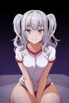  1girl absurdres alternate_costume batta_16-sei between_legs blue_eyes breasts buruma closed_mouth commentary_request grey_hair gym_shirt gym_uniform hand_between_legs highres kantai_collection kashima_(kancolle) large_breasts long_hair red_buruma red_trim shirt short_sleeves sidelocks sitting smile solo tsurime twintails wavy_hair white_shirt 