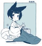  1girl :o animal_ears black_eyes black_hair blue_background bob_cut border cushion fox_ears fox_girl fox_tail full_body holding japanese_clothes kimono kukuri_(mawaru) long_sleeves looking_at_viewer mawaru_(mawaru) multiple_tails obi open_mouth original sash seiza short_hair sitting solo tail white_border white_kimono zabuton 