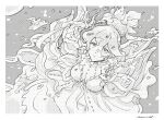  1girl air_bubble breasts bubble closed_mouth commentary greyscale hair_between_eyes hair_bun highres houseki_no_kuni lililin monochrome sad short_sleeves single_hair_bun solo submerged tentacles ventricosus water 
