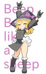 1girl \m/ arms_up asdfmovie black_coat black_footwear black_gloves black_headwear black_skirt blonde_hair blush boots bow braid buttons closed_eyes coat commentary_request cookie_(touhou) flat_chest full_body gloves grin hair_bow hat hat_bow hospital_king kirisame_marisa long_hair medium_bangs purple_bow rei_(cookie) single_braid skirt smile solo standing touhou white_background witch_hat 