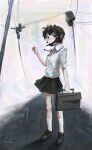  1girl absurdres bag black_skirt brown_hair elainma expressionless green_eyes highres holding holding_bag iwakura_lain looking_to_the_side power_lines school_uniform serial_experiments_lain shirt short_hair short_sleeves signature sketch skirt solo white_shirt 