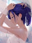  1girl a-chan_(hololive) absurdres blue_eyes blue_hair cohi27151463 commentary expressionless from_side hand_in_own_hair highres hololive lips looking_down medium_hair parted_lips ponytail profile shower_(place) showering solo steam topless upper_body virtual_youtuber wet wet_hair 