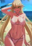  1girl absurdres artoria_caster_(fate) artoria_caster_(swimsuit)_(fate) artoria_pendragon_(fate) bare_shoulders beach blonde_hair blush breasts fate/grand_order fate_(series) green_eyes highres kakeku long_hair looking_to_the_side medium_breasts navel open_mouth smile solo thighs twintails 
