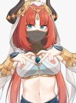  1girl absurdres aqua_eyes azuri909 blunt_bangs breasts commentary_request crop_top fake_horns genshin_impact grey_background highres horns large_breasts long_hair long_sleeves looking_at_viewer midriff mouth_veil navel nilou_(genshin_impact) red_hair simple_background smile solo stomach upper_body veil very_long_hair 