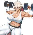  1girl abs armpits artist_name bandaged_arm bandages batako_(batakoart) belt blonde_hair blush breasts breathing brown_belt chair cleavage covered_nipples cowboy_shot dark-skinned_female dark_skin debonair_diamond dumbbell exercise eyepatch hair_between_eyes highres huge_breasts looking_down mature_female motion_lines muscular muscular_female navel nose_blush pants red_eyes red_hood_(kawaguchi) scar scar_on_arm scar_on_stomach serious short_hair simple_background sitting solo spiked_hair sports_bra steaming_body taut_clothes thick_neck thick_thighs thigh_gap thighs weightlifting white_background white_pants 