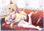  1girl absurdres alma_stella azur_lane black_hairband blonde_hair blue_eyes couch cross crown cup curtains drill_hair gloves hair_ribbon hairband highres indoors legs long_hair looking_at_viewer looking_back lying mini_crown no_shoes on_couch on_stomach open_mouth queen_elizabeth_(azur_lane) ribbon smile soles solo teacup thighhighs tilted_headwear twin_drills white_gloves white_ribbon white_thighhighs window 