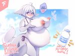  ahoge anthro areola belly big_belly big_breasts big_butt blush bodily_fluids breasts butt canid canine dialogue english_text female fox fur grey_body grey_fur hair hi_res holding_breast huge_breasts hyper hyper_breasts japanese_text kemono lactating looking_aside mammal milk multi_tail navel nipples nude pregnant purple_eyes solo speech_bubble spellsx standing tail text thick_thighs white_body white_fur white_hair 