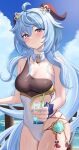  1girl absurdres adapted_costume ahoge bare_arms bare_shoulders blue_hair blue_sky breasts cleavage cloud commentary_request cowboy_shot cup day drinking_glass ganyu_(genshin_impact) genshin_impact grin highres holding holding_cup horns ituka_kanau long_hair looking_at_viewer medium_breasts ocean one-piece_swimsuit parted_lips purple_eyes single-shoulder_one-piece_swimsuit single_strap sky smile solo standing swimsuit thighs very_long_hair water 