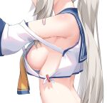  1girl ayanami_(azur_lane) ayanami_(retrofit)_(azur_lane) azur_lane bandaid bandaid_on_arm bandaid_on_shoulder bare_shoulders blonde_hair breasts crop_top detached_sleeves facing_to_the_side from_side hand_up highres long_hair medium_breasts midriff neckerchief no_bra ponytail retrofit_(azur_lane) sailor_collar school_uniform serafuku shirt sideboob sideless_outfit sironora solo upper_body very_long_hair white_shirt yellow_neckerchief 