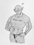  1boy ? ?? bald bara clothes_writing confused cropped_legs denim dragon_ball dragon_ball_z filthyball greyscale he/him/hole_shirt highres jeans large_pectorals lifted_by_self male_focus male_underwear male_underwear_peek mature_male midriff_peek monochrome muscular muscular_male open_fly pants pectorals piccolo pointy_ears sanpaku shirt solo underwear 