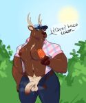  anthro antlers balls belly_tuft belt big_pecs bodily_fluids bottomwear chest_tuft clothed clothing deer eyewear food foreskin genitals hat headgear headwear hi_res hooves horn male mammal musclegut muscular musk_clouds musky_balls newmoonnsfw open_bottomwear open_clothing open_mouth open_pants open_shirt open_topwear outside pants pecs penis popsicle popsicle_melting shirt solo sunglasses sunny sweat sweaty_balls sweaty_body sweaty_chest sweaty_genitalia topwear tuft 