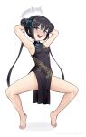  1girl :d armpits arms_behind_head bare_legs barefoot batazungharn black_dress black_hair blue_archive blush butterfly_hair_ornament china_dress chinese_clothes commentary_request double_bun dress eyes_visible_through_hair full_body grey_eyes groin gymnastics hair_between_eyes hair_bun hair_ornament halo highres kisaki_(blue_archive) long_hair looking_at_viewer no_panties pelvic_curtain side_slit sidelocks simple_background sleeveless smile solo spread_legs tiptoes toes twintails white_background 