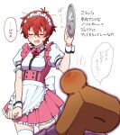  1boy 1girl angry apron apron_tug back_bow blurry blurry_foreground blush bow bowtie breasts buttons closed_eyes commentary_request dress frilled_skirt frills hair_between_eyes hand_up holding holding_tray idolmaster idolmaster_million_live! idolmaster_million_live!_theater_days julia_(idolmaster) maid maid_headdress messy_hair open_mouth p-head_producer pink_bow pink_bowtie pink_dress pminthama producer_(idolmaster) puffy_short_sleeves puffy_sleeves red_hair shirt short_hair short_sleeves skirt small_breasts speech_bubble sweat thighhighs thighs tray upper_body v-shaped_eyebrows waist_apron wavy_mouth white_apron white_background white_shirt white_thighhighs wrist_cuffs zettai_ryouiki 