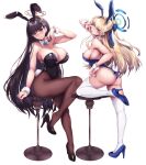  2girls absurdres alternate_costume animal_ears aqua_bow aqua_bowtie ass bare_arms bare_shoulders black_footwear black_hair black_leotard blonde_hair blue_archive blue_eyes blue_leotard blush bow bowtie braid breasts brown_pantyhose cleavage detached_collar fake_animal_ears fake_tail full_body halo hand_up high_heels highres large_breasts legs leotard long_hair looking_at_viewer medium_breasts multiple_girls official_alternate_costume pantyhose playboy_bunny rabbit_ears rabbit_tail red_eyes rio_(blue_archive) saboten_teishoku shoe_dangle simple_background sitting solo standing standing_on_one_leg strapless strapless_leotard tail thighhighs thighs toki_(blue_archive) toki_(bunny)_(blue_archive) v very_long_hair white_background white_thighhighs wrist_cuffs 