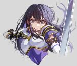  1girl absurdres armor ayra_(fire_emblem) black_eyes black_hair closed_mouth earrings fire_emblem fire_emblem:_genealogy_of_the_holy_war gloves hair_between_eyes highres holding holding_sword holding_weapon jewelry long_hair shoulder_armor sword upper_body weapon white_background zedoraart 