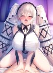  1boy 1girl absurdly_long_hair absurdres azur_lane bar_censor bare_shoulders black_choker black_sailor_collar blush bow breasts censored choker clothing_cutout commander_(azur_lane) dress dress_bow feather_dress formidable_(azur_lane) formidable_(timeless_classics)_(azur_lane) girl_on_top hair_ornament heart heart-shaped_pupils hetero highres huge_breasts kneeling long_hair looking_at_viewer navel_cutout noukatu official_alternate_costume red_eyes sailor_collar sex sleeveless sleeveless_dress solo_focus symbol-shaped_pupils textless_version tongue tongue_out twintails two-tone_dress two-tone_ribbon v_arms vaginal veil very_long_hair white_dress 