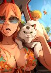  1boy 1girl absurdres bandaid bikini blonde_hair blue_sky breasts bug car_interior cat chainsaw_man commentary d: day denji_(chainsaw_man) front-tie_bikini_top front-tie_top hello_kitty hello_kitty_(character) highres horns khyle. large_breasts long_hair open_mouth orange_bikini orange_eyes orange_hair power_(chainsaw_man) sharp_teeth sky sunglasses swimsuit teeth upper_body 