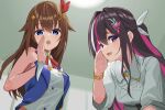  2girls armpit_crease azki_(4th_costume)_(hololive) azki_(hololive) black_hair blue_eyes braid brown_hair collared_shirt colored_inner_hair commentary french_braid hair_ornament hair_ribbon hand_to_own_face highres hololive jacket kuronaga long_hair looking_at_viewer multicolored_hair multiple_girls open_mouth pink_hair purple_eyes ribbon shirt sleeveless sleeveless_shirt streaked_hair tokino_sora tokino_sora_(1st_costume) upper_body white_hair white_shirt 