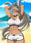  1girl abs absurdres animal_ears armpits arms_behind_head bare_shoulders beach boku_no_hero_academia breasts cloud cloudy_sky dark-skinned_female dark_skin floating_hair hair_between_eyes highres large_breasts long_eyelashes long_hair looking_to_the_side mirko muscular muscular_female navel outdoors ponytail rabbit_ears rabbit_girl red_eyes sand short_shorts shorts sky smile solo sports_bra stomach theoiledone thighs very_long_hair water white_hair white_shorts white_sports_bra 
