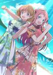  2girls absurdres ahoge beach blue_eyes blue_sky breasts collared_dress country_connection dress dutch_angle feet_out_of_frame floral_print fujiwaland grey_hair highres in-franchise_crossover long_hair looking_at_viewer love_live! love_live!_nijigasaki_high_school_idol_club love_live!_superstar!! medium_breasts mole mole_under_eye multiple_girls nogizaka46 ocean open_mouth parted_bangs red_dress short_hair short_sleeves sidelocks sky sleeveless sleeveless_dress swept_bangs tang_keke teeth trait_connection two_side_up upper_teeth_only white_dress wristband zhong_lanzhu 