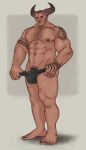  1boy abs bara beard biceps black_male_underwear check_copyright chest_hair copyright_request curled_horns dark-skinned_male dark_skin dragon_age facial_hair full_body growlygruntz hand_tattoo highres horns jockstrap large_feet large_pectorals looking_at_viewer male_focus male_pubic_hair male_underwear male_underwear_pull muscular muscular_male nipples original pectorals penis penis_peek pubic_hair pubic_hair_peek pulled_by_self short_hair shoulder_tattoo smile solo standing stomach stubble tattoo thick_arms thick_thighs thighs topless_male underwear underwear_only veins veiny_arms 
