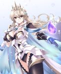  1girl armor black_panties breasts brooch cape cleavage corrin_(female)_(fire_emblem) corrin_(female)_(silent_bloodline)_(fire_emblem) corrin_(fire_emblem) crown dragonstone fire_emblem fire_emblem_fates fire_emblem_heroes gauntlets highres jewelry kakiko210 lace_thighhighs large_breasts long_hair looking_at_viewer official_alternate_costume panties pointy_ears red_eyes smile solo sparkle thighs underwear white_cape 