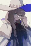  1girl adjusting_eyewear blue_cape blue_eyes bow bowtie cape fate/grand_order fate_(series) glasses hand_on_eyewear hat light_brown_hair looking_at_viewer nanase_hr round_eyewear simple_background tonelico_(fate) witch_hat 