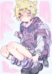  1boy androgynous bandaid bandaid_on_cheek bandaid_on_face black_footwear black_socks blonde_hair blue_eyes blush hair_ornament heart heart_hair_ornament highres hood hood_down hoodie kagamine_len male_focus multiple_hairpins official_alternate_costume open_mouth purple_hoodie purple_shorts purple_socks sat00e shirt short_ponytail shorts sketch socks solo squatting striped striped_socks vocaloid white_shirt 