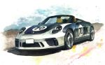  absurdres car cloud convertible highres itsuki_gen motor_vehicle no_humans original painting_(medium) porsche porsche_911 porsche_991 roundel shadow signature sky traditional_media vehicle_focus watercolor_(medium) 