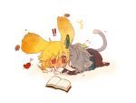  ! !! 2boys ahoge alhaitham_(genshin_impact) animal_ear_fluff animal_ears animalization aqua_hair arm_support artist_name blonde_hair blush book cat_ears cat_tail chibi closed_eyes colored_inner_hair couple earrings feather_hair_ornament feathers genshin_impact grey_hair hair_between_eyes hair_ornament heart highres jewelry kaveh_(genshin_impact) licking long_bangs long_hair long_sleeves lying medium_bangs multicolored_hair multiple_boys nose_blush on_stomach open_book open_mouth parted_bangs rabbit_ears reading red_eyes shirt short_hair side-by-side sidelocks simple_background streaked_hair tail two-tone_hair white_background white_shirt yaoi yuuzatta 