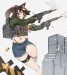  1girl absurdres animal_ears backpack bag blue_shorts brown_eyes brown_hair camouflage commission denim denim_shorts digital_camouflage dual_wielding firing fox_ears fox_girl gar32 green_headwear green_shirt grey_bag gun highres holding imi_uzi midriff original serious shell_casing shirt shorts solo stomach submachine_gun weapon white_background woodland_camouflage 