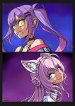  2girls ahoge animal_ears braid choker crown_braid ear_piercing fangs glowing glowing_eyes green_eyes hakui_koyori highres hololive multiple_girls nyaring943 o-ring o-ring_choker piercing pink_hair purple_eyes purple_hair scowl tokoyami_towa troll_face twintails virtual_youtuber wolf_ears 