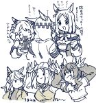  5girls :t animal_ears bare_shoulders bead_necklace beads bow bowtie casual chopsticks clenched_hands commentary daitaku_helios_(umamusume) dictus_striker ear_bow ear_covers ear_ornament ears_through_headwear ears_through_hood eating fang from_behind ganbaru_pose gold_city_(umamusume) hair_between_eyes hair_ornament hairclip hat height_difference highres hishi_miracle_(umamusume) holding holding_chopsticks hood hood_up horse_ears horse_girl jacket jewelry layered_sleeves long_sleeves medium_hair multicolored_hair multiple_girls multiple_monochrome narita_top_road_(umamusume) necklace official_alternate_costume open_clothes open_jacket open_mouth parted_bangs short_over_long_sleeves short_sleeves sidelocks sideways_glance single_ear_cover solid_circle_eyes star_(symbol) star_hair_ornament streaked_hair sweatdrop takatsuki_nato translation_request umamusume umamusume:_cinderella_gray upper_body yakisoba 