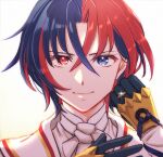  1boy alear_(fire_emblem) alear_(male)_(fire_emblem) blue_eyes blue_hair commentary fire_emblem fire_emblem_engage gauntlets gloves hair_between_eyes heterochromia jewelry kszm_fe looking_at_viewer multicolored_hair red_eyes red_hair ring short_hair smile solo split-color_hair symbol-only_commentary two-tone_hair white_background 