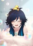  1boy absurdres bath bathing blue_hair chest_tattoo closed_eyes duck_on_head genshin_impact gradient_hair highres lkari_shi male_focus multicolored_hair open_mouth smile soap_bubbles solo tattoo venti_(genshin_impact) 