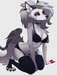  absurd_res anthro big_breasts bra breasts canid canid_demon canine canis cheek_tuft chest_tuft clothed clothing demon facial_tuft female hair hellhound helluva_boss hi_res jesterwing kneeling legwear lingerie long_hair loona_(helluva_boss) mammal off_shoulder panties shoulder_tuft solo stockings tuft underwear wolf 