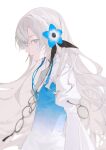  1girl blue_flower blue_hair dress expressionless flower grey_eyes grey_hair hair_flower hair_ornament highres isekai_joucho kamitsubaki_studio long_hair looking_at_viewer multicolored_hair parted_lips sideways_glance simple_background solo tsukugu two-tone_hair upper_body virtual_youtuber white_background 